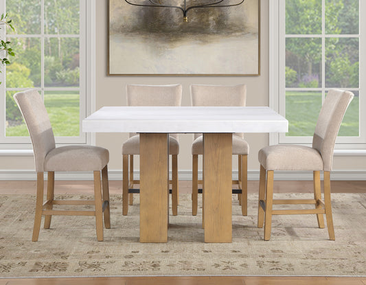 Artemis 5 Piece 54″ Square White Marble Counter Table, Tan Finish w/4 Beige Chenille Counter Chairs