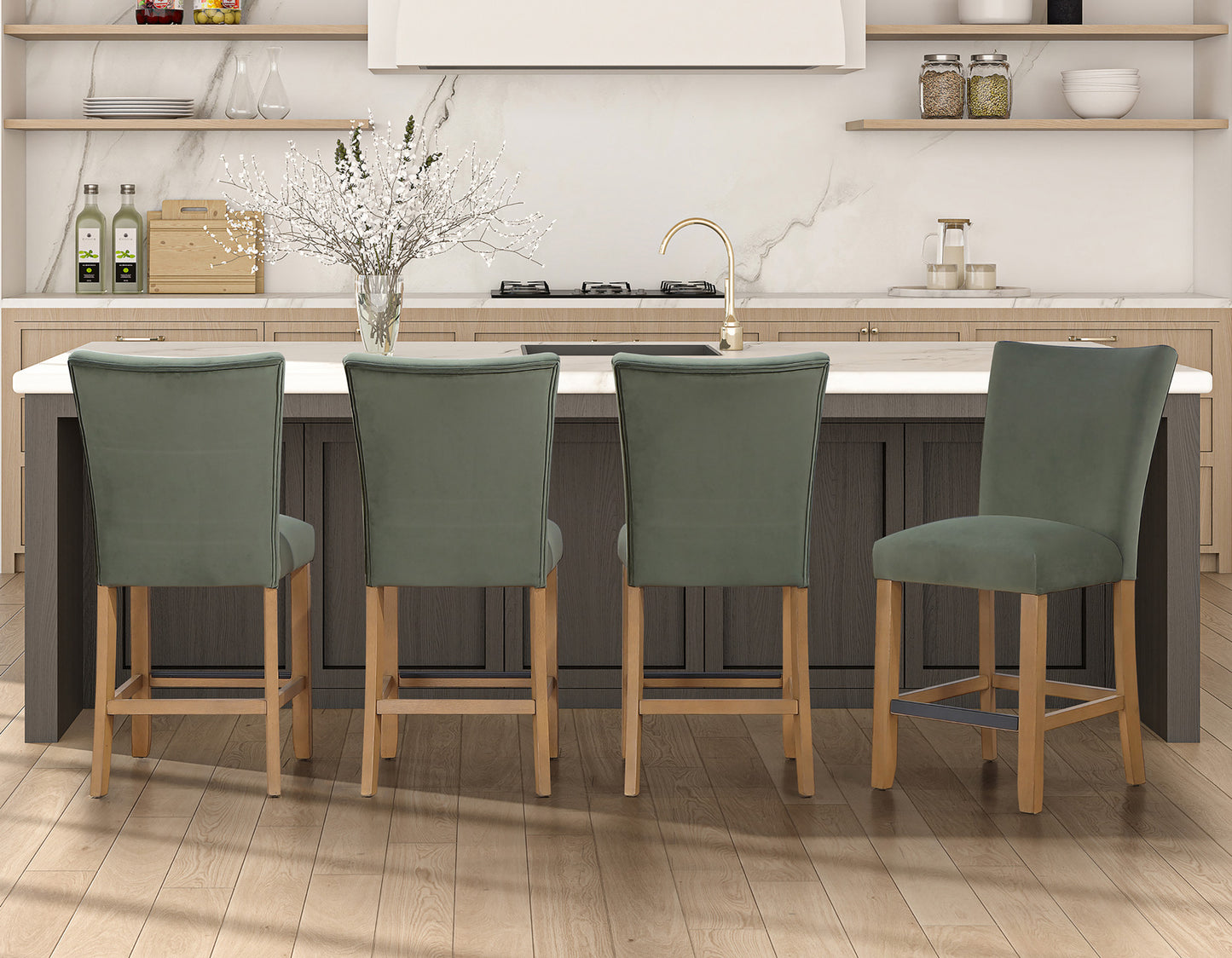 Artemis 5-Piece 54″ Square White Marble Counter Table, Sand Finish w/4 Green Velvet Counter Chairs