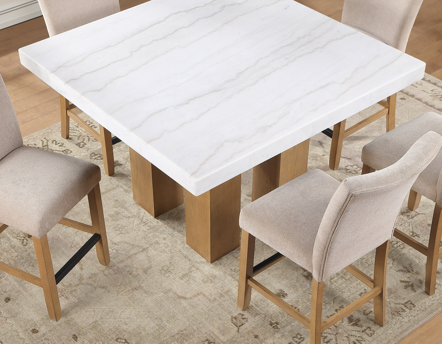 Artemis 5 Piece 54″ Square White Marble Counter Table, Tan Finish w/4 Beige Chenille Counter Chairs