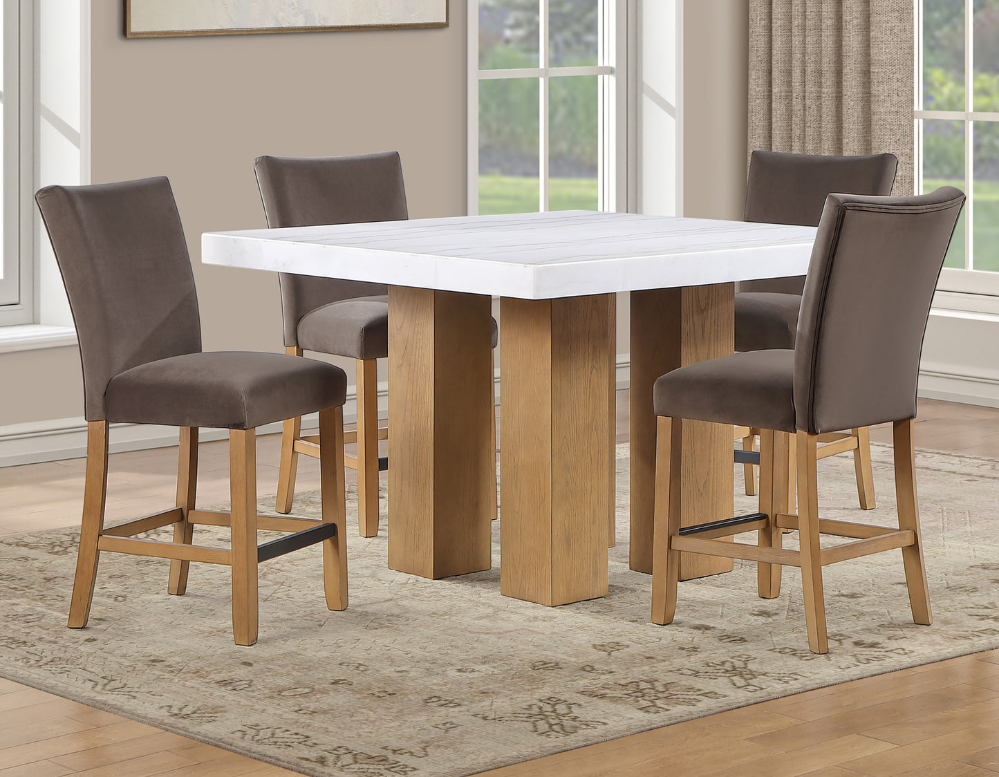 Artemis 5-Piece 54″ Square White Marble Counter Table, Sand Finish w/4 Brown Velvet Counter Chairs