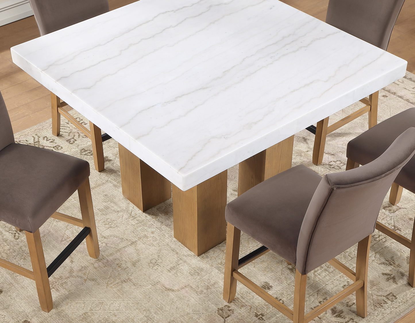 Artemis 5-Piece 54″ Square White Marble Counter Table, Sand Finish w/4 Brown Velvet Counter Chairs