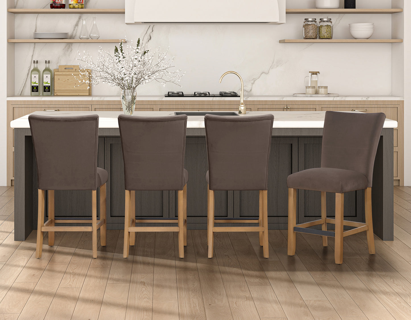 Artemis 5-Piece 54″ Square White Marble Counter Table, Sand Finish w/4 Brown Velvet Counter Chairs