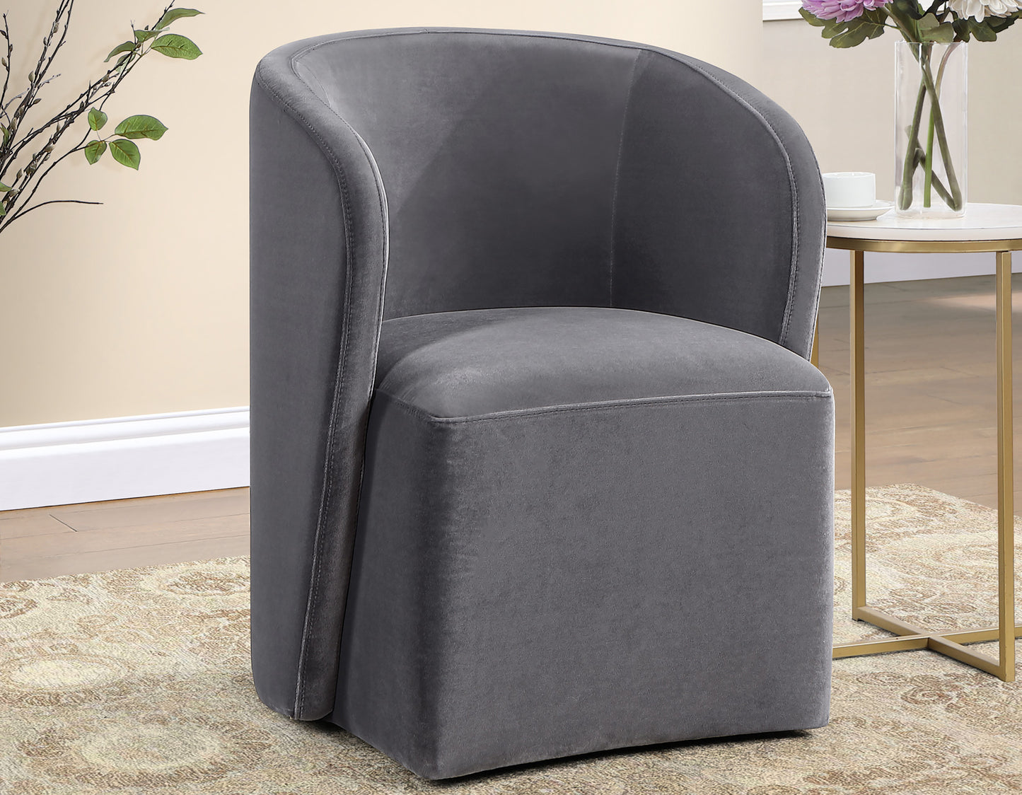 Annie Gray Velvet Barrel Chair w/Casters