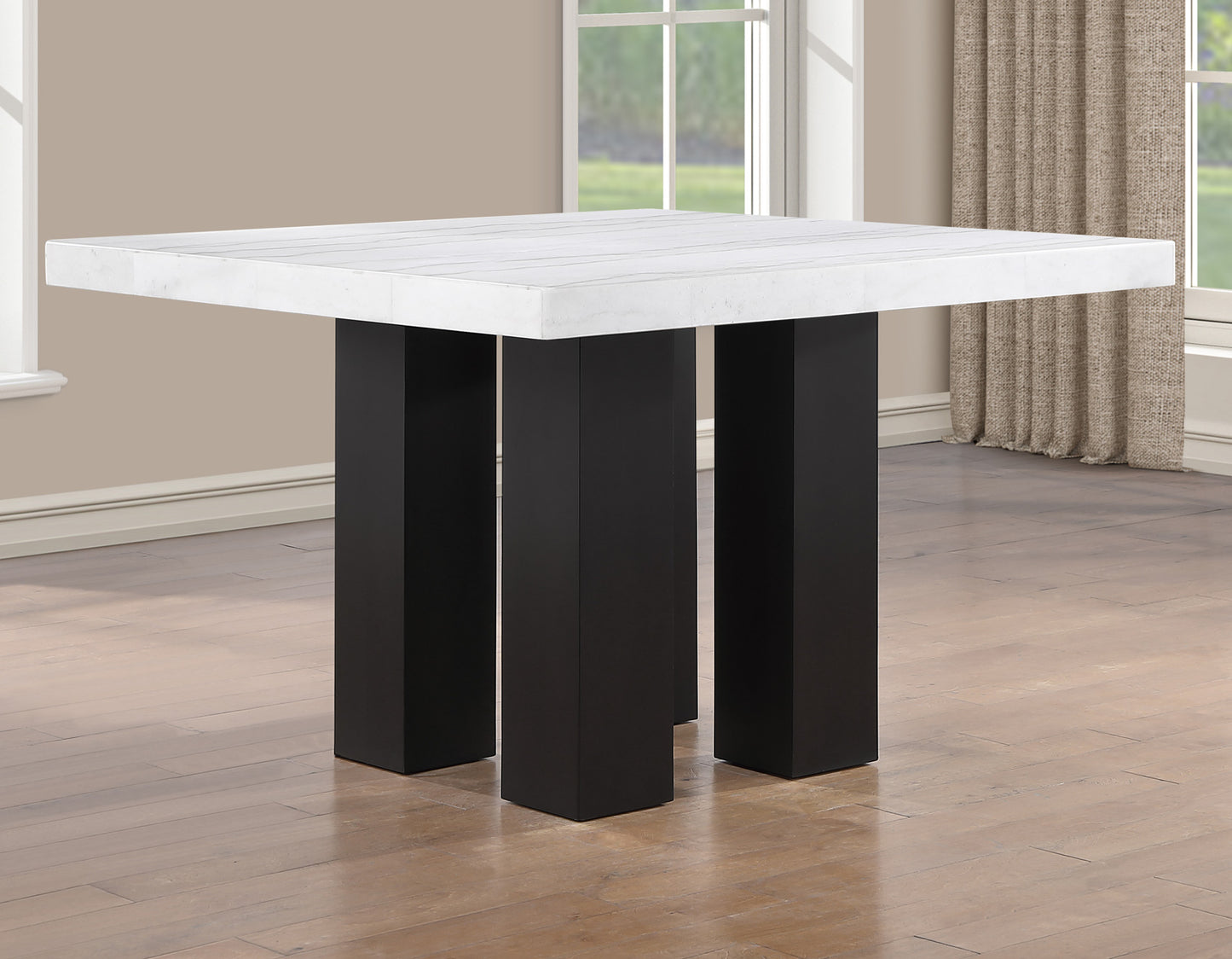 Artemis 5-piece 54″ Square White Marble Counter Table with 4 Artemis White Vegan Leather Counter Chairs
