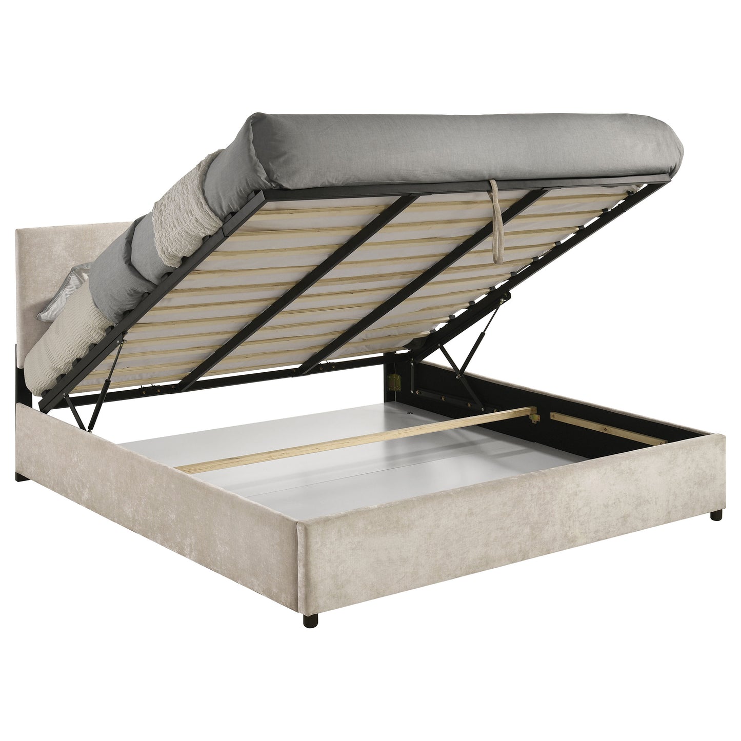 Reeves Upholstered Eastern King Lift-Top Storage Platform Bed Beige