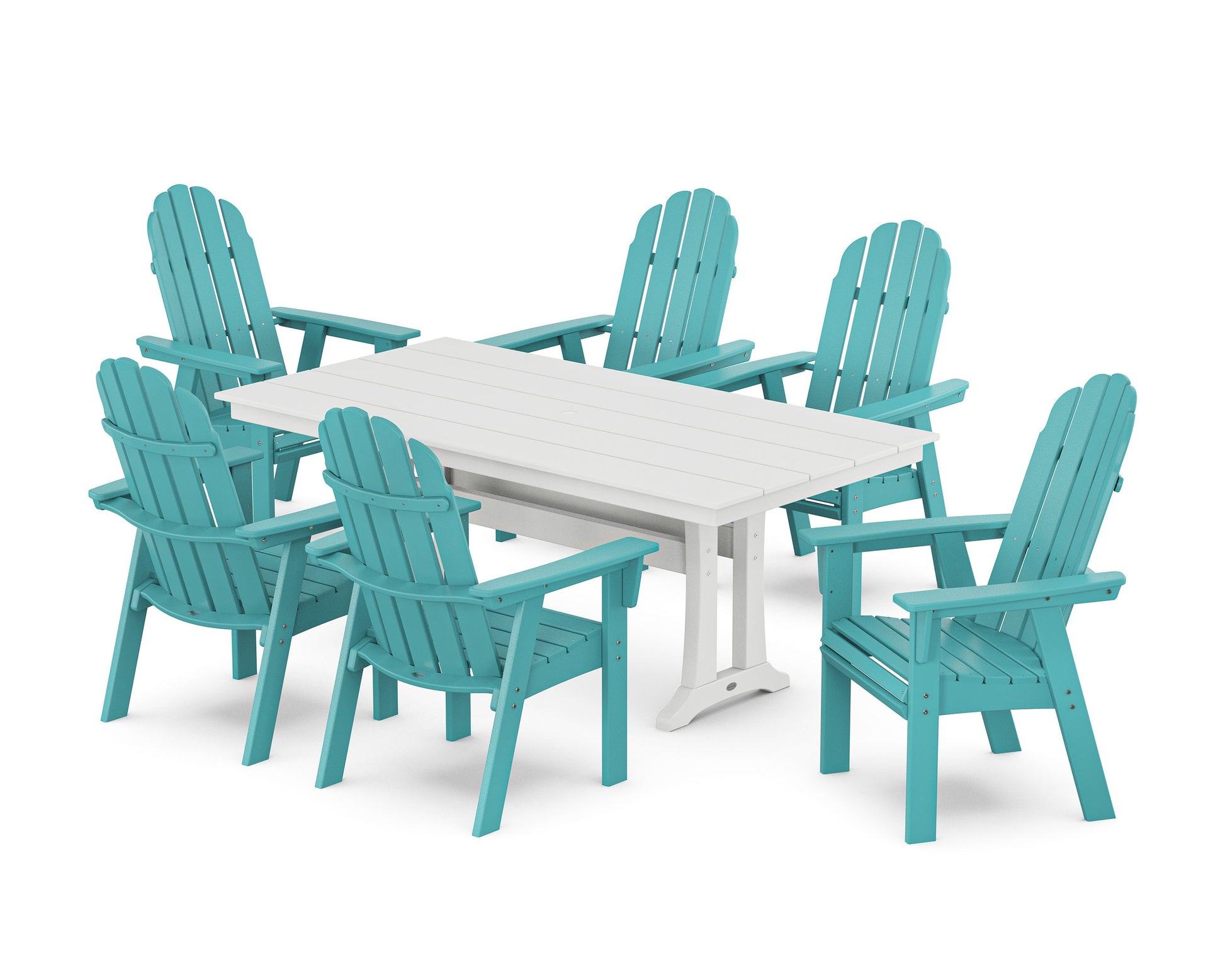 POLYWOOD Vineyard Curveback Adirondack Chair 7-Piece Farmhouse Dining Set with Trestle Legs — Aruba / White
