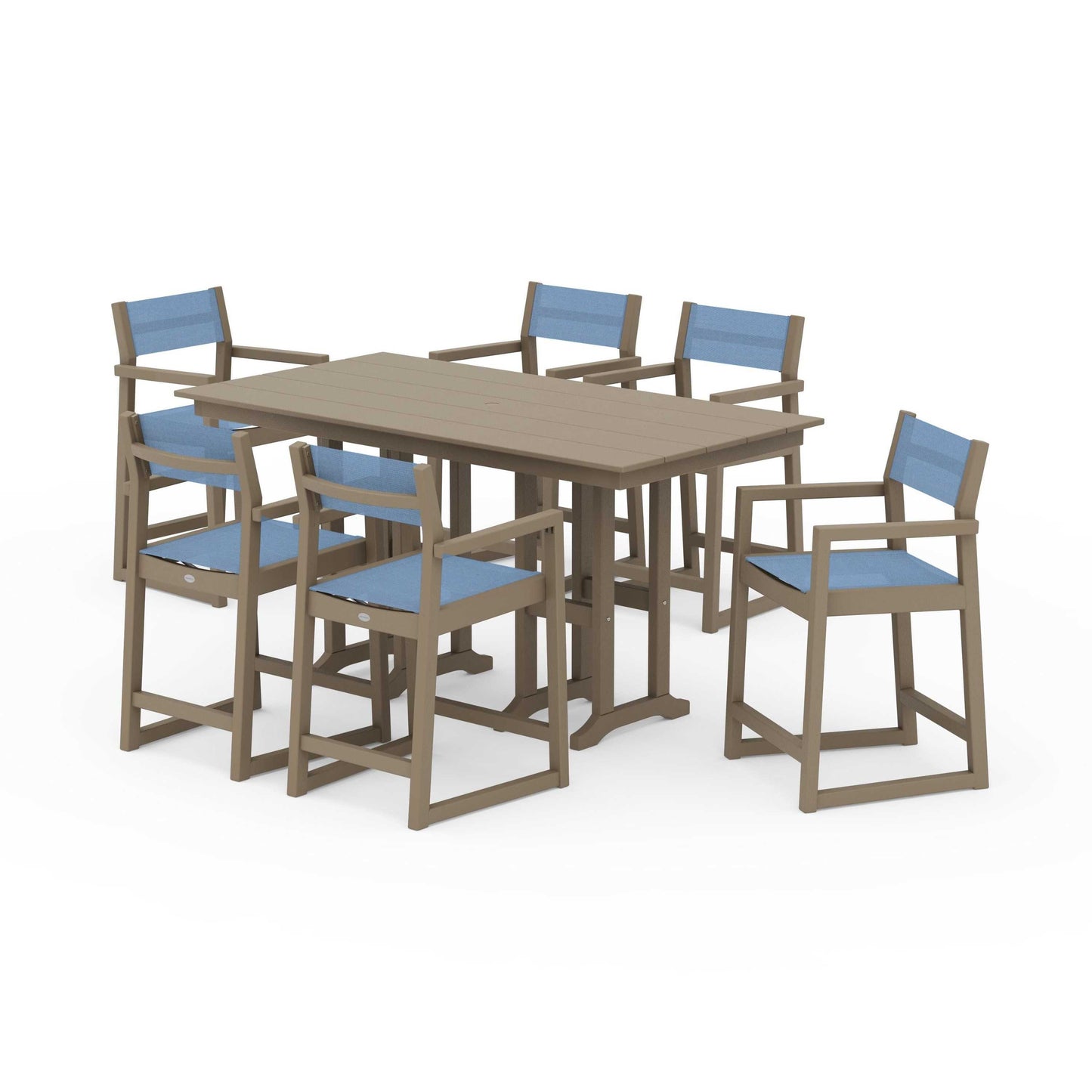 POLYWOOD EDGE Sling Arm Chair 7-Piece Farmhouse Counter Set — Vintage Sahara / Poolside Sling
