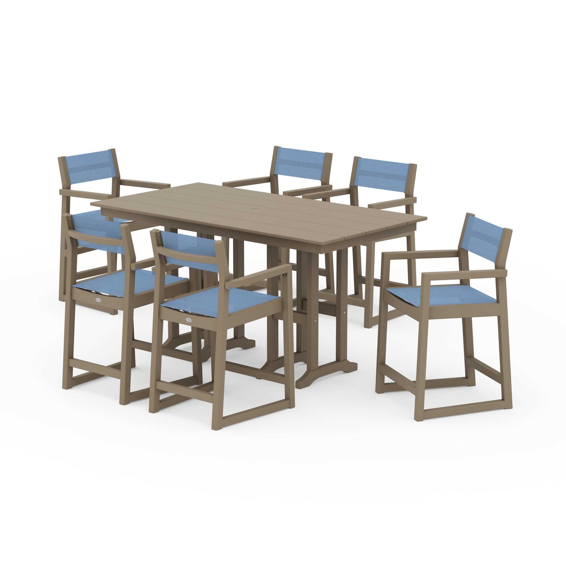 POLYWOOD EDGE Sling Arm Chair 7-Piece Farmhouse Counter Set — Vintage Sahara / Poolside Sling