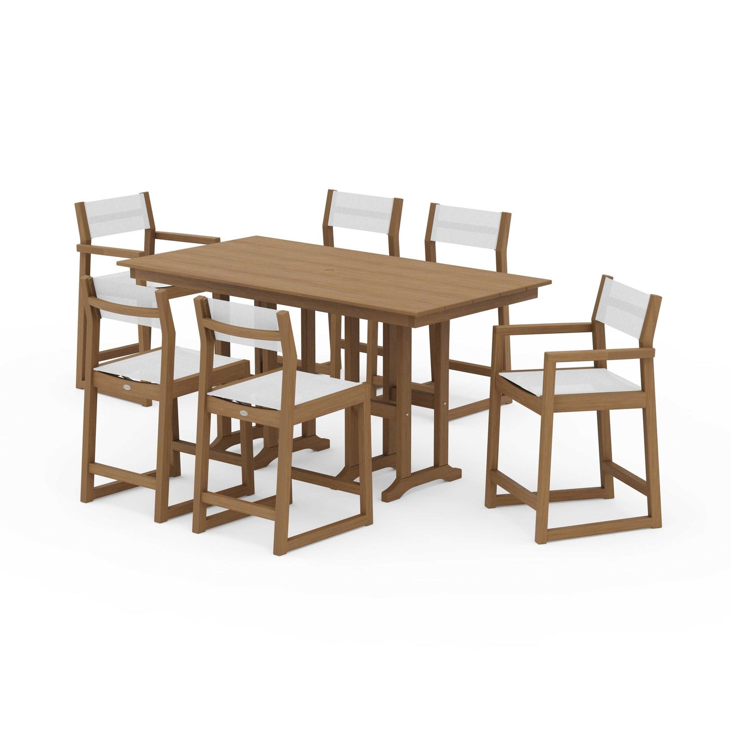 POLYWOOD EDGE Sling 7-Piece Farmhouse Counter Set with Trestle Legs — Natural / White Sling
