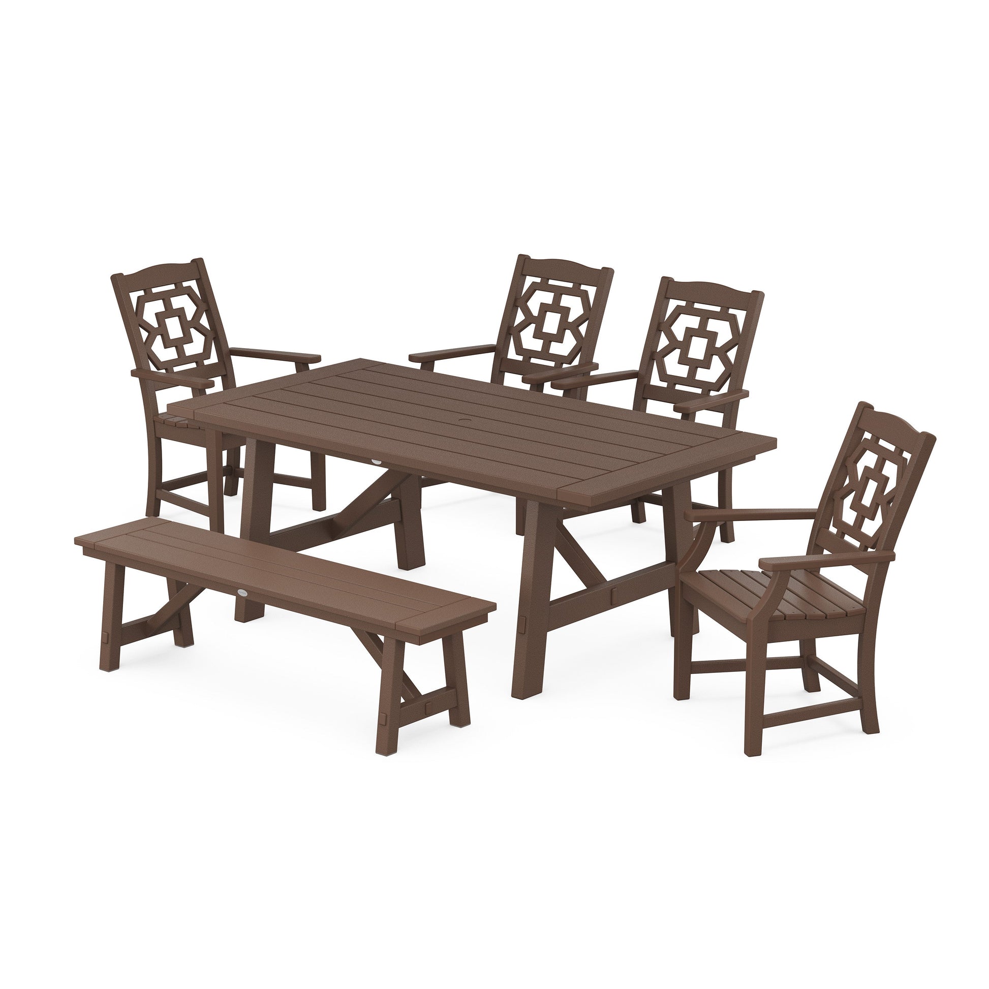 POLYWOOD Chinoiserie 6-Piece Rustic Farmhouse Dining Set with Bench — Mahogany