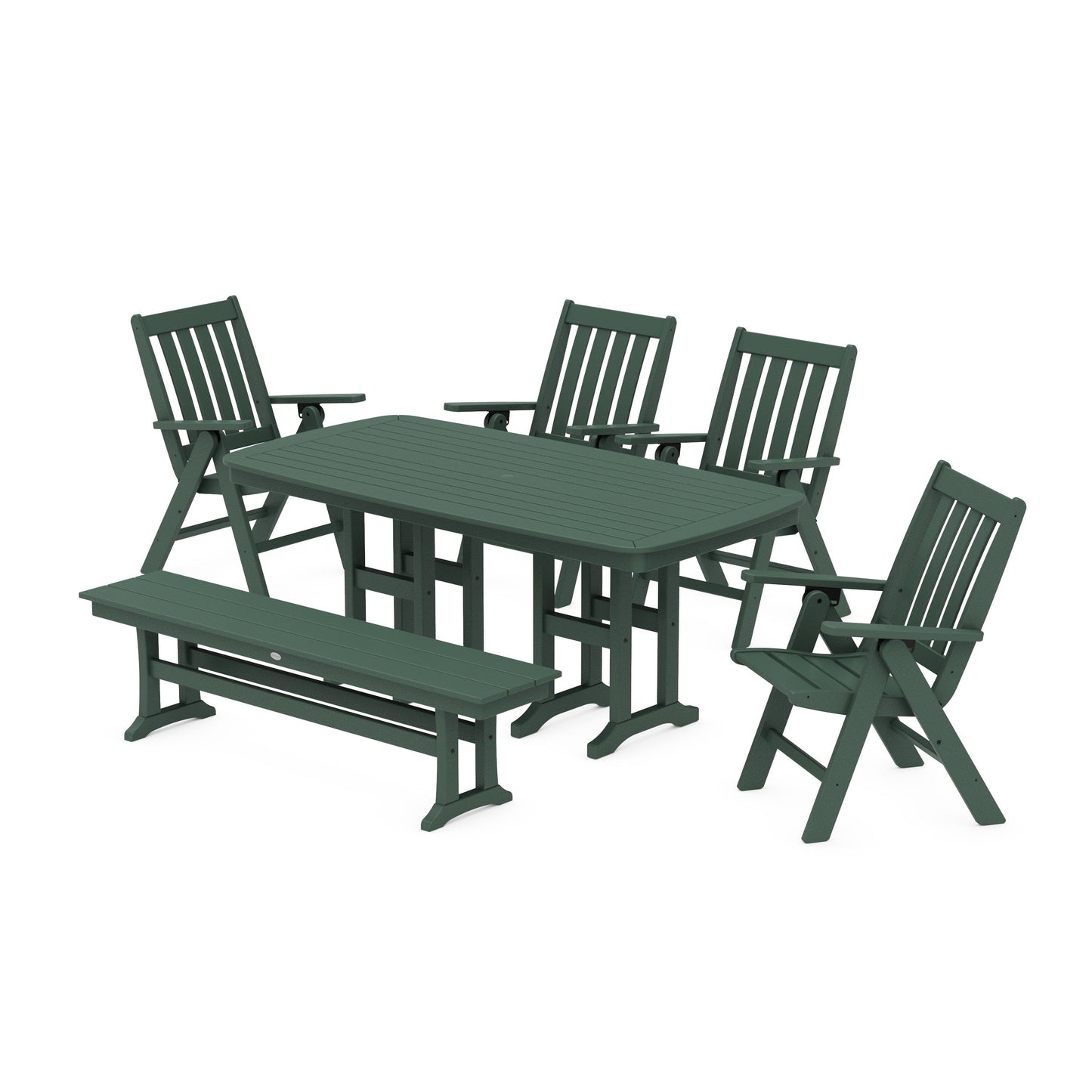 POLYWOOD Vineyard Folding Chair 6-Piece Dining Set with Bench — Green