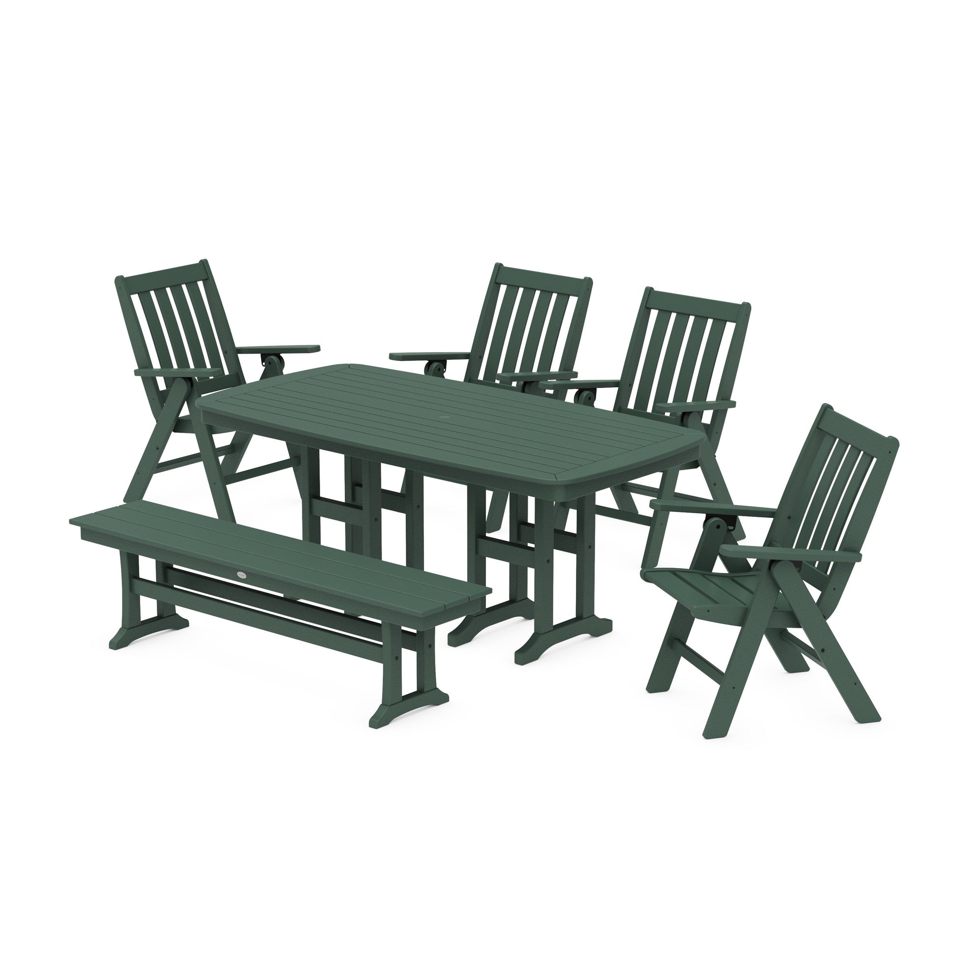 POLYWOOD Vineyard Folding Chair 6-Piece Dining Set with Bench — Green