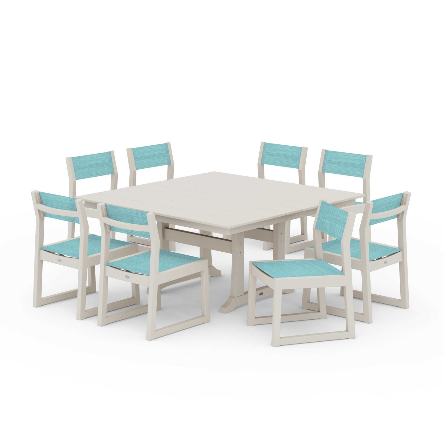POLYWOOD EDGE Sling Side Chair 9-Piece Farmhouse Trestle Dining Set — Sand / Dupioni Aquamarine Sling