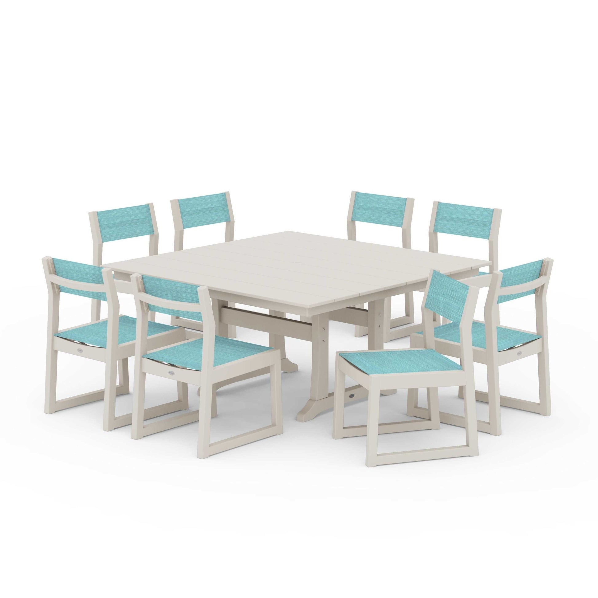 POLYWOOD EDGE Sling Side Chair 9-Piece Farmhouse Trestle Dining Set — Sand / Dupioni Aquamarine Sling