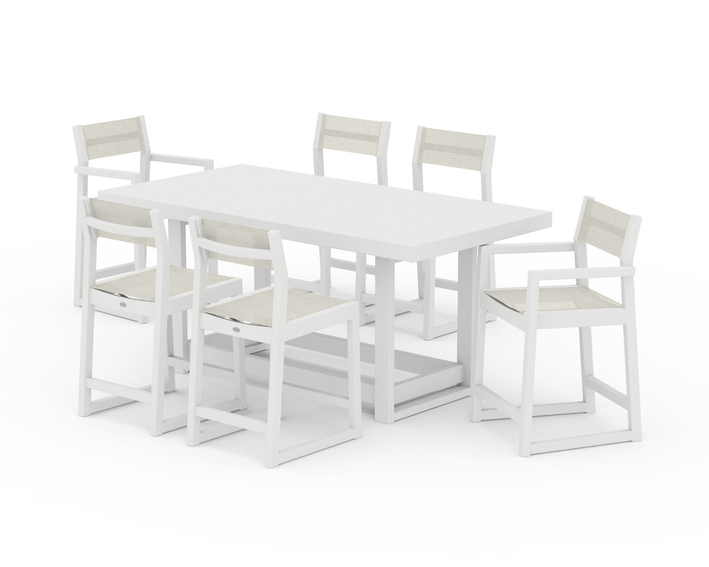 POLYWOOD EDGE Sling 7-Piece Counter Table Set — White / Parchment Sling
