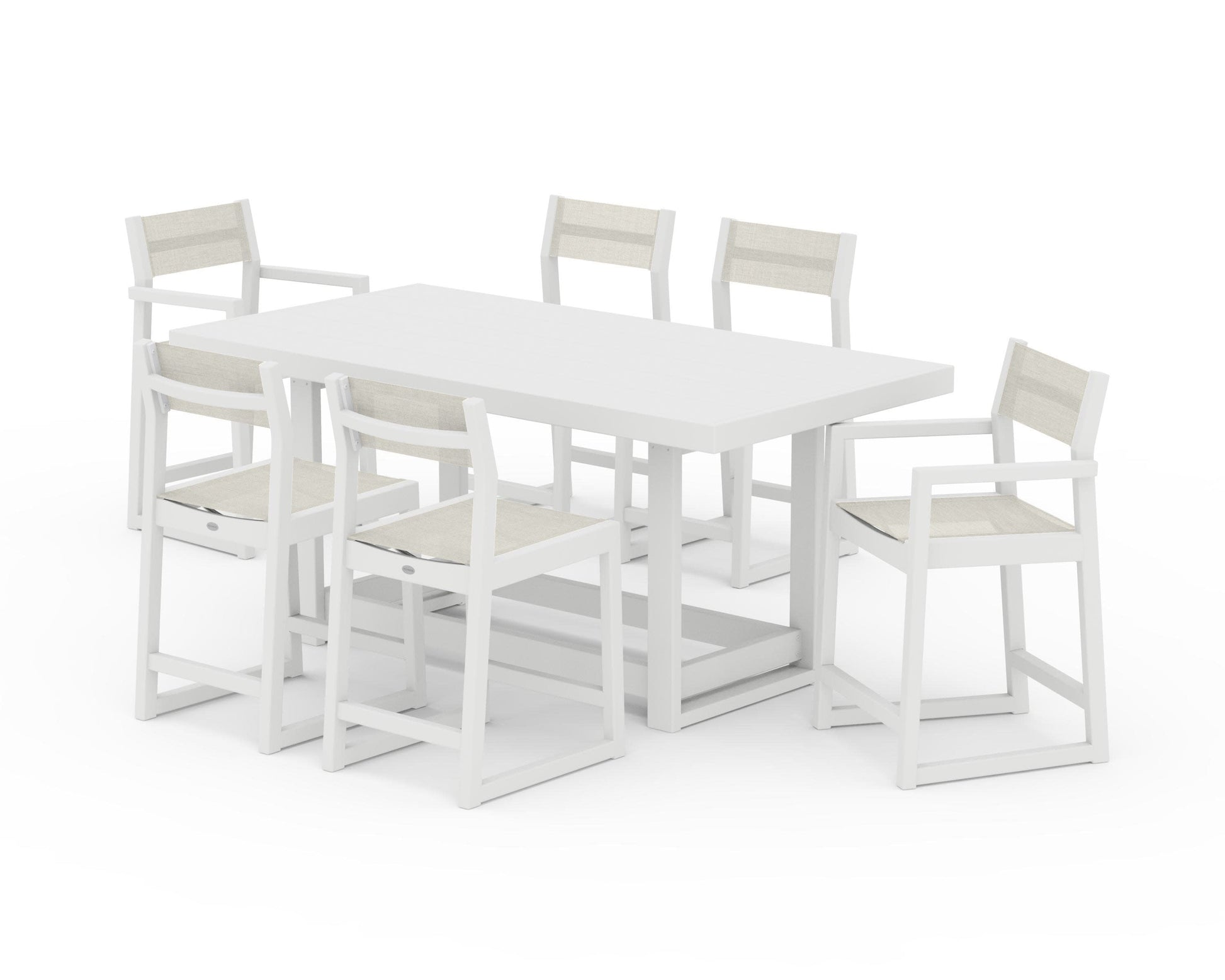 POLYWOOD EDGE Sling 7-Piece Counter Table Set — White / Parchment Sling