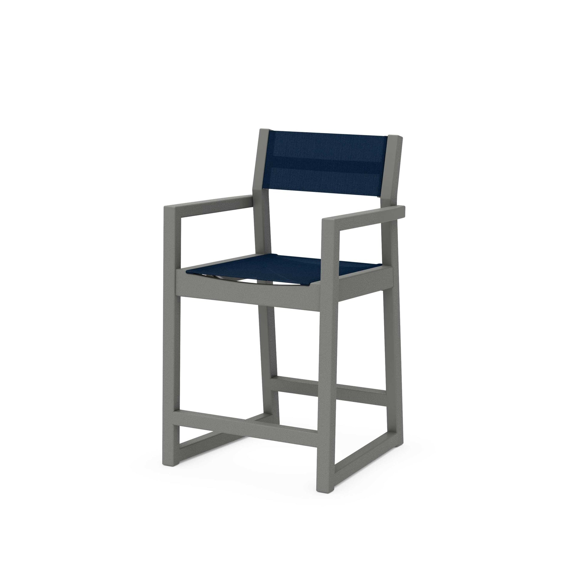 POLYWOOD EDGE Sling Counter Arm Chair — Slate Grey / Navy Blue Sling