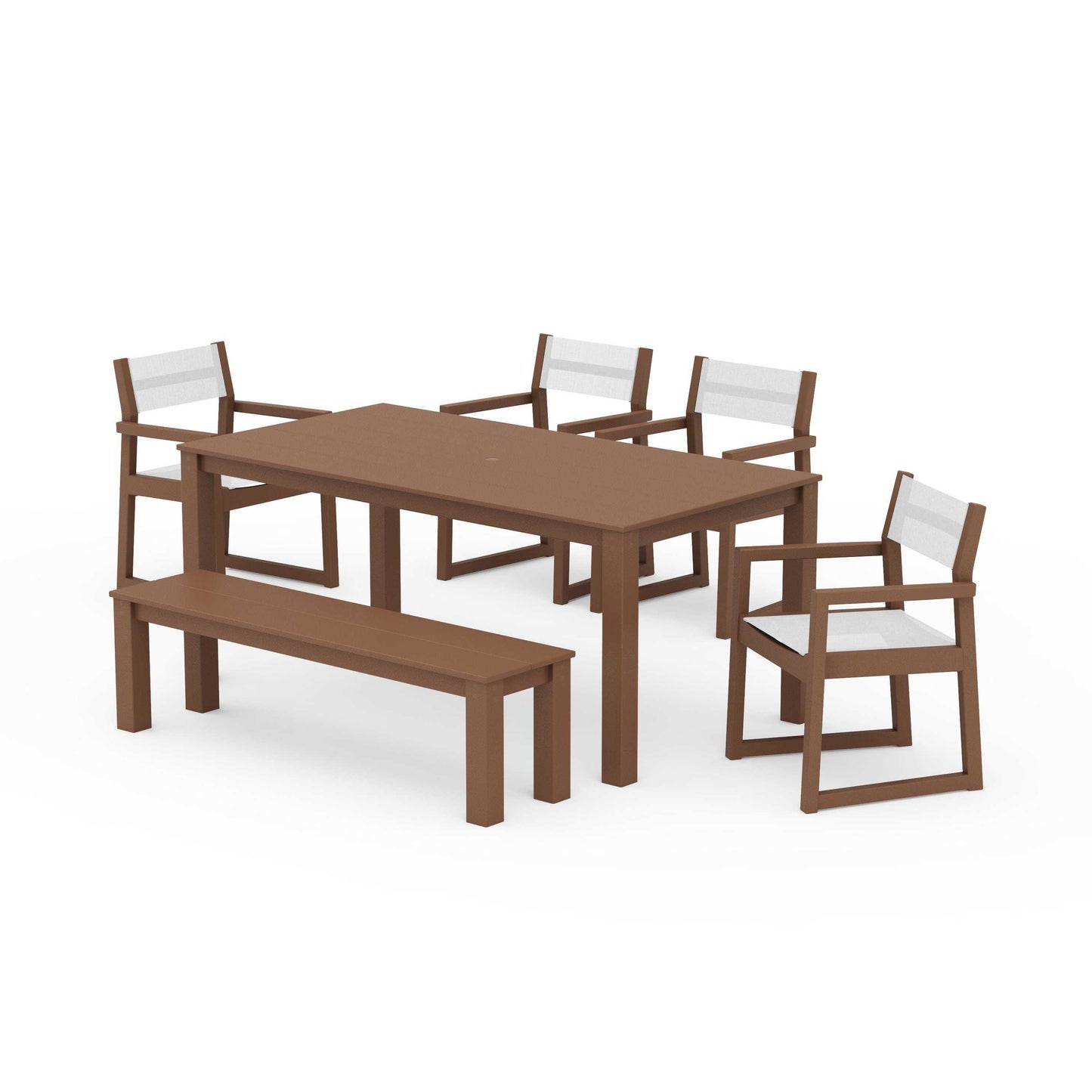 POLYWOOD EDGE Sling Arm Chair 6-Piece Parsons Dining Set with Bench — Teak / White Sling