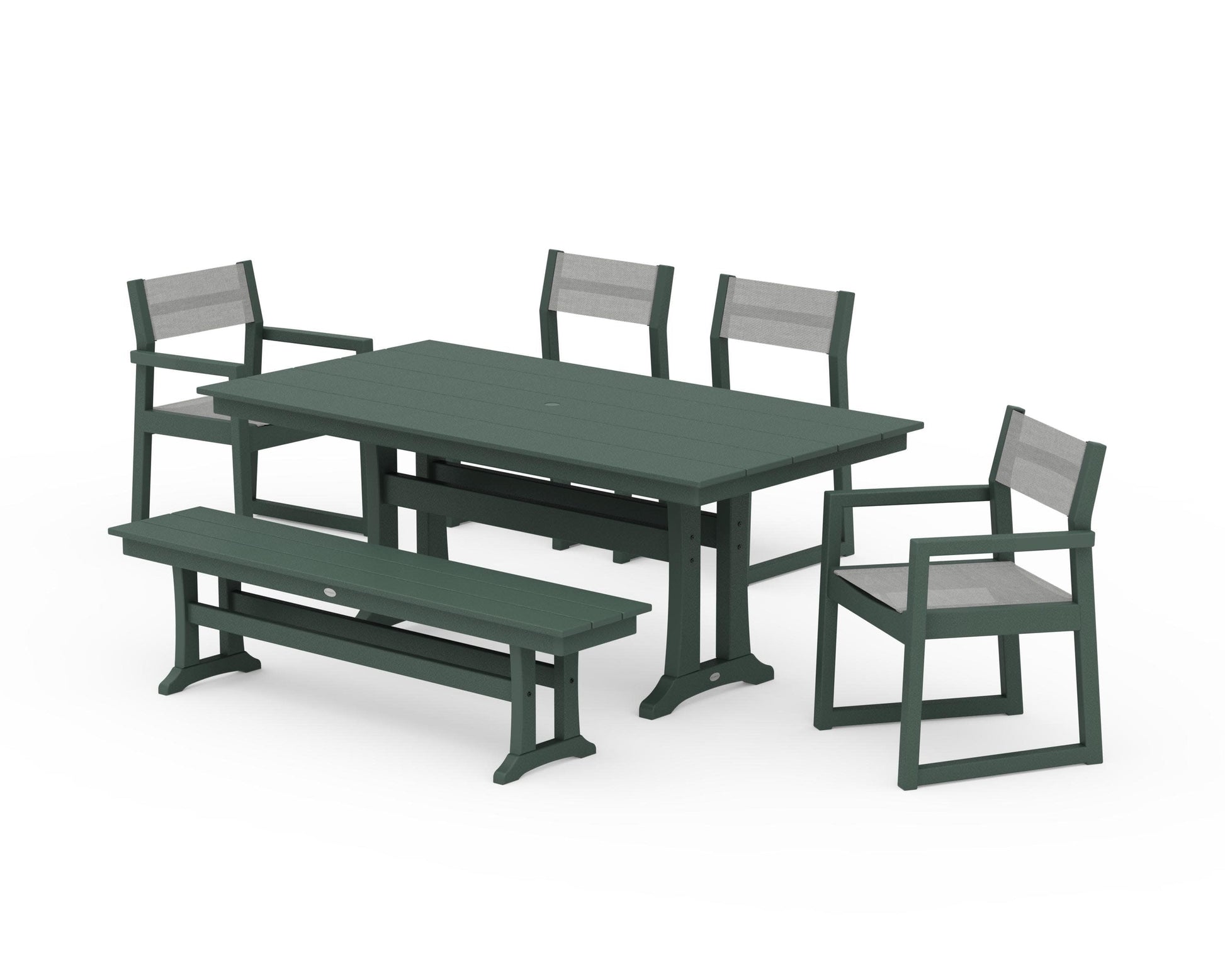 POLYWOOD EDGE Sling 6-Piece Farmhouse Dining Set With Trestle Legs — Green / Metallic Sling