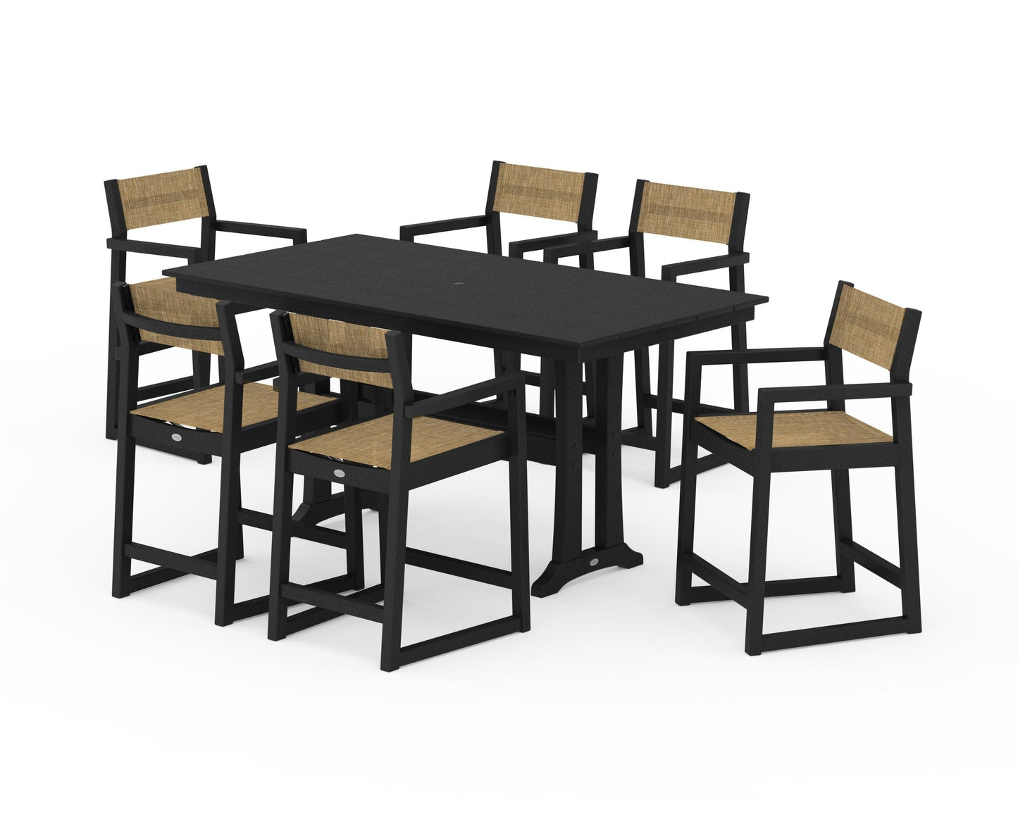 POLYWOOD EDGE Sling Arm Chair 7-Piece Farmhouse Counter Set with Trestle Legs — Black / Burlap Sling