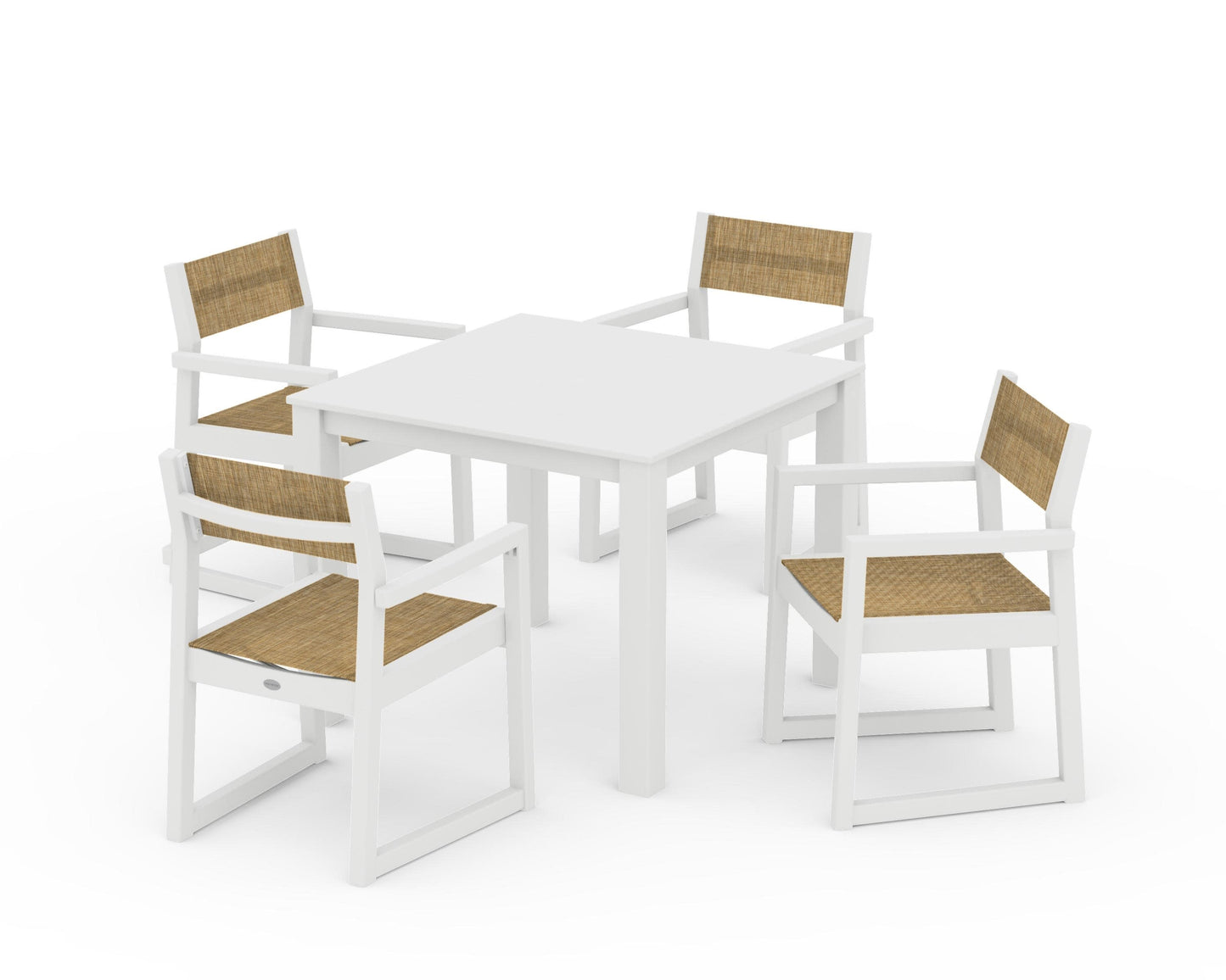 POLYWOOD EDGE Sling Arm Chair 5-Piece Parsons Dining Set — White / Burlap Sling