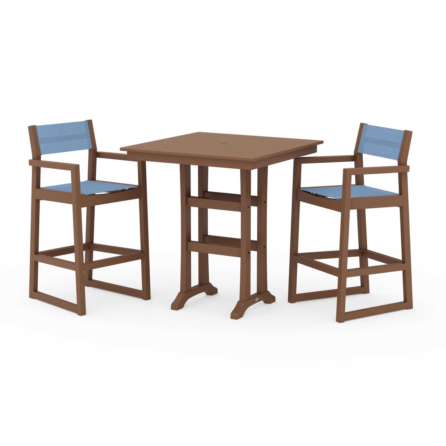 POLYWOOD EDGE Sling Arm Chair 3-Piece Farmhouse Bar Set with Trestle Legs — Teak / Poolside Sling