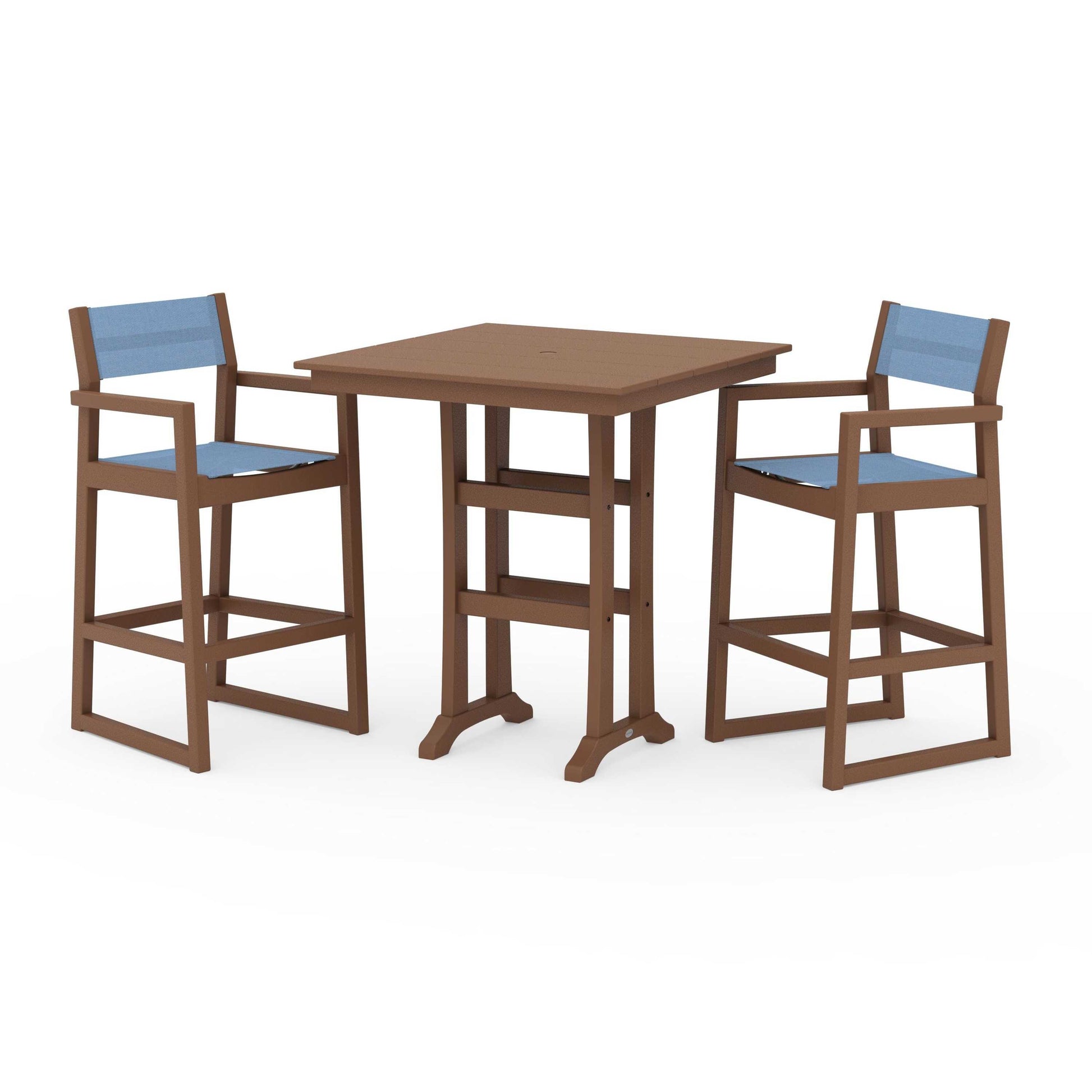 POLYWOOD EDGE Sling Arm Chair 3-Piece Farmhouse Bar Set with Trestle Legs — Teak / Poolside Sling