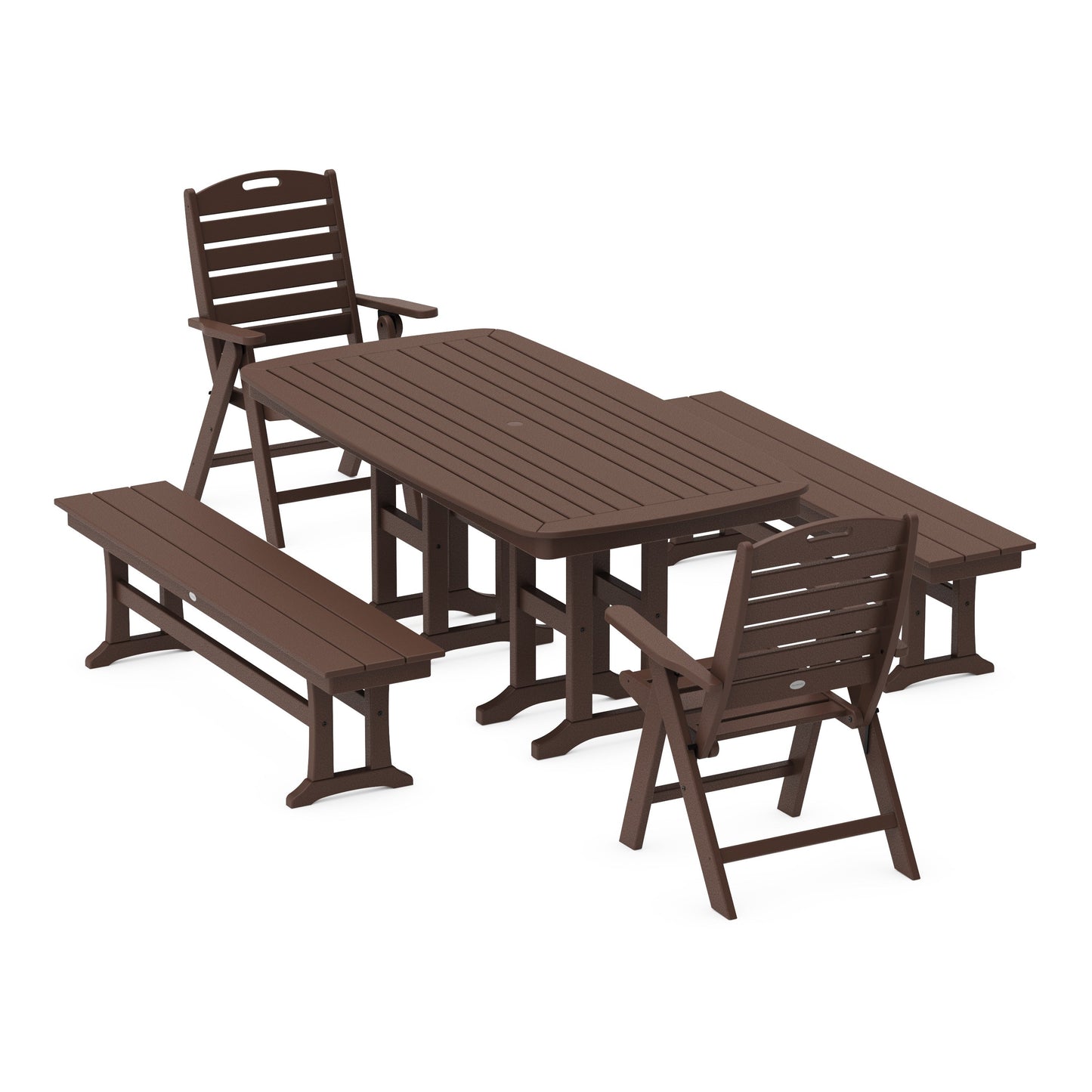 POLYWOOD Nautical Highback 5-Piece Dining Set with Benches — Mahogany