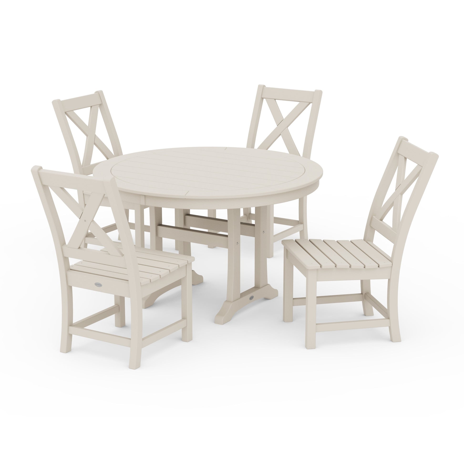 POLYWOOD Braxton Side Chair 5-Piece Round Dining Set With Trestle Legs — Sand