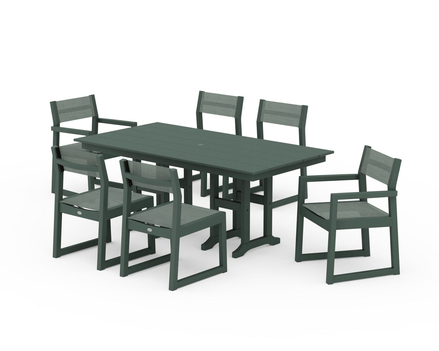POLYWOOD EDGE Sling 7-Piece Farmhouse Dining Set — Green / Dupioni Sea Mist Sling