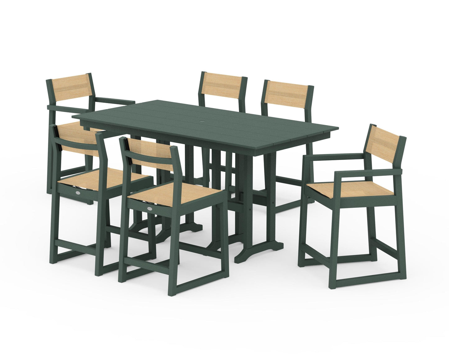POLYWOOD EDGE Sling 7-Piece Farmhouse Counter Set with Trestle Legs — Green / Dupioni Apricot Sling