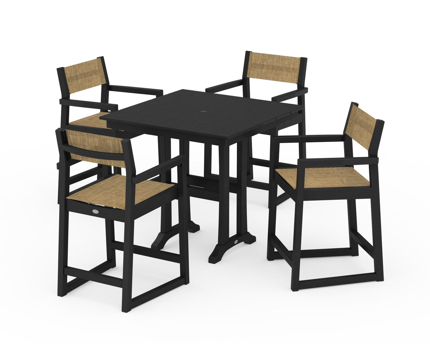 POLYWOOD EDGE Sling Arm Chair 5-Piece Farmhouse Counter Set with Trestle Legs — Black / Burlap Sling