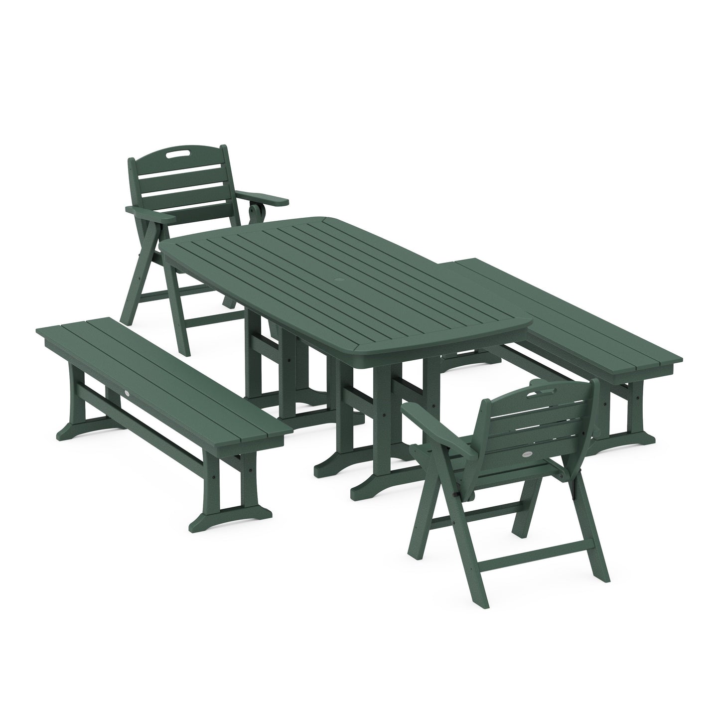 POLYWOOD Nautical Lowback 5-Piece Dining Set with Benches — Green