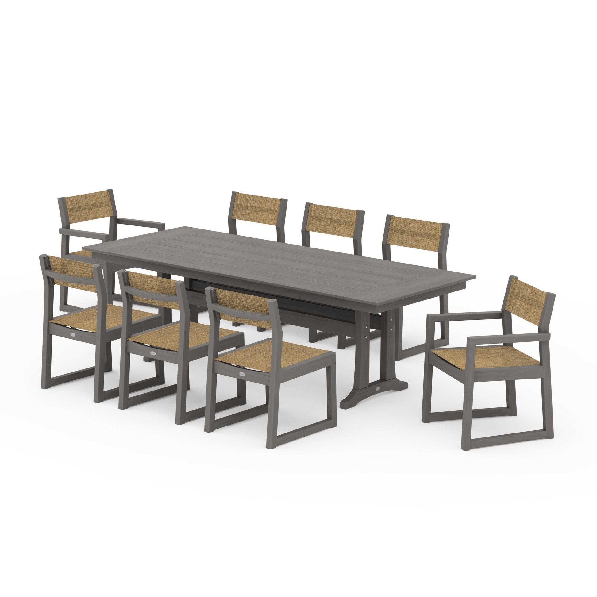 POLYWOOD EDGE Sling 9-Piece Farmhouse Trestle Dining Set — Driftwood / Burlap Sling