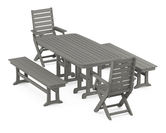 POLYWOOD Captain Folding Chair 5-Piece Dining Set with Benches — Slate Grey