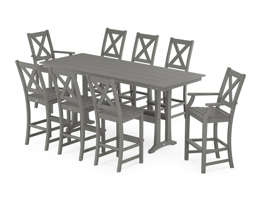 POLYWOOD Braxton 9-Piece Farmhouse Bar Set with Trestle Legs — Slate Grey