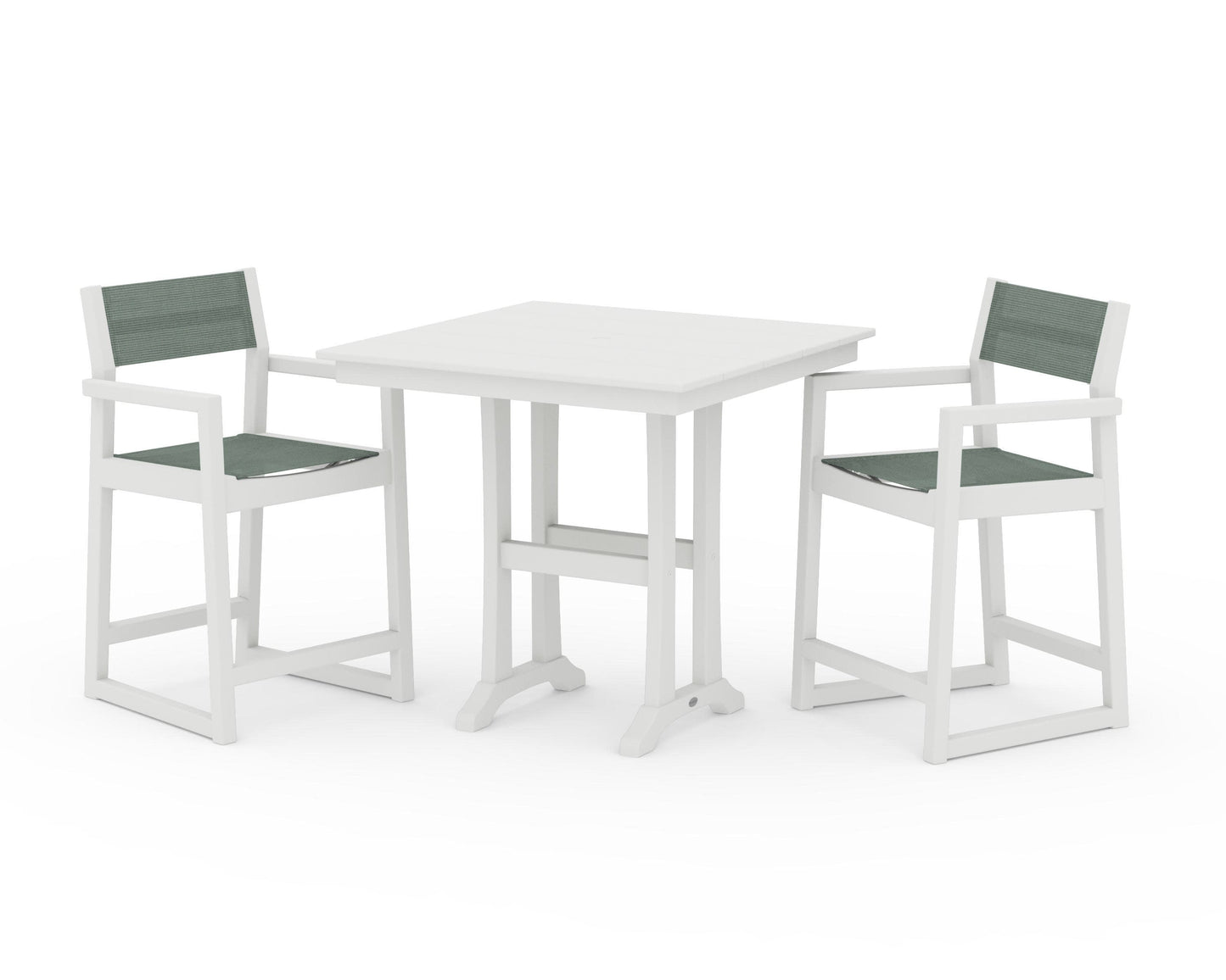 POLYWOOD EDGE Sling Arm Chair 3-Piece Farmhouse Counter Set with Trestle Legs — Vintage White / Dupioni Sea Mist Sling