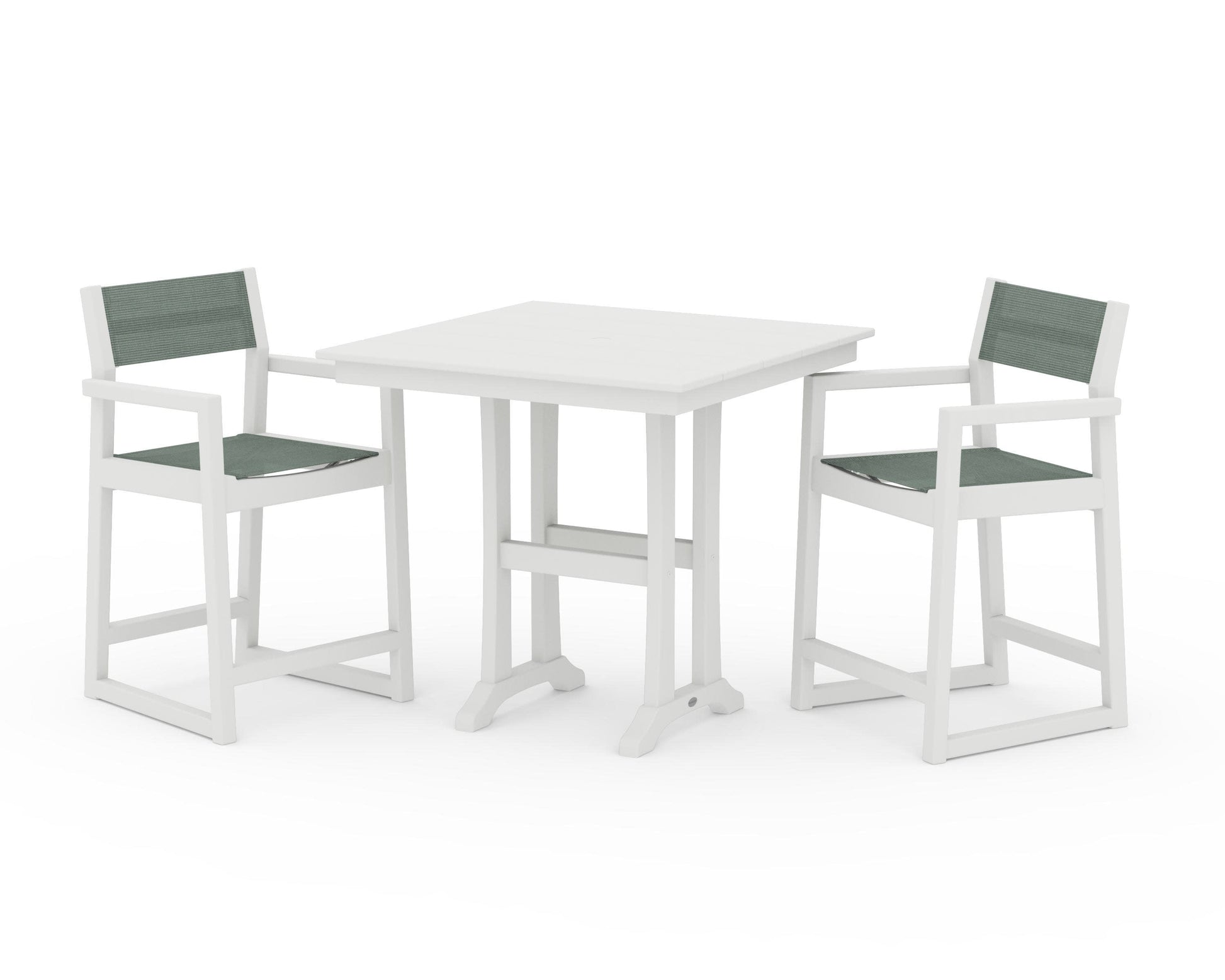POLYWOOD EDGE Sling Arm Chair 3-Piece Farmhouse Counter Set with Trestle Legs — Vintage White / Dupioni Sea Mist Sling
