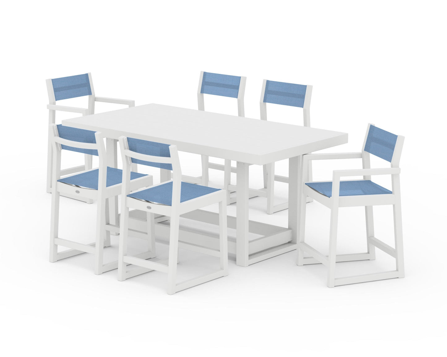 POLYWOOD EDGE Sling 7-Piece Counter Table Set — White / Poolside Sling