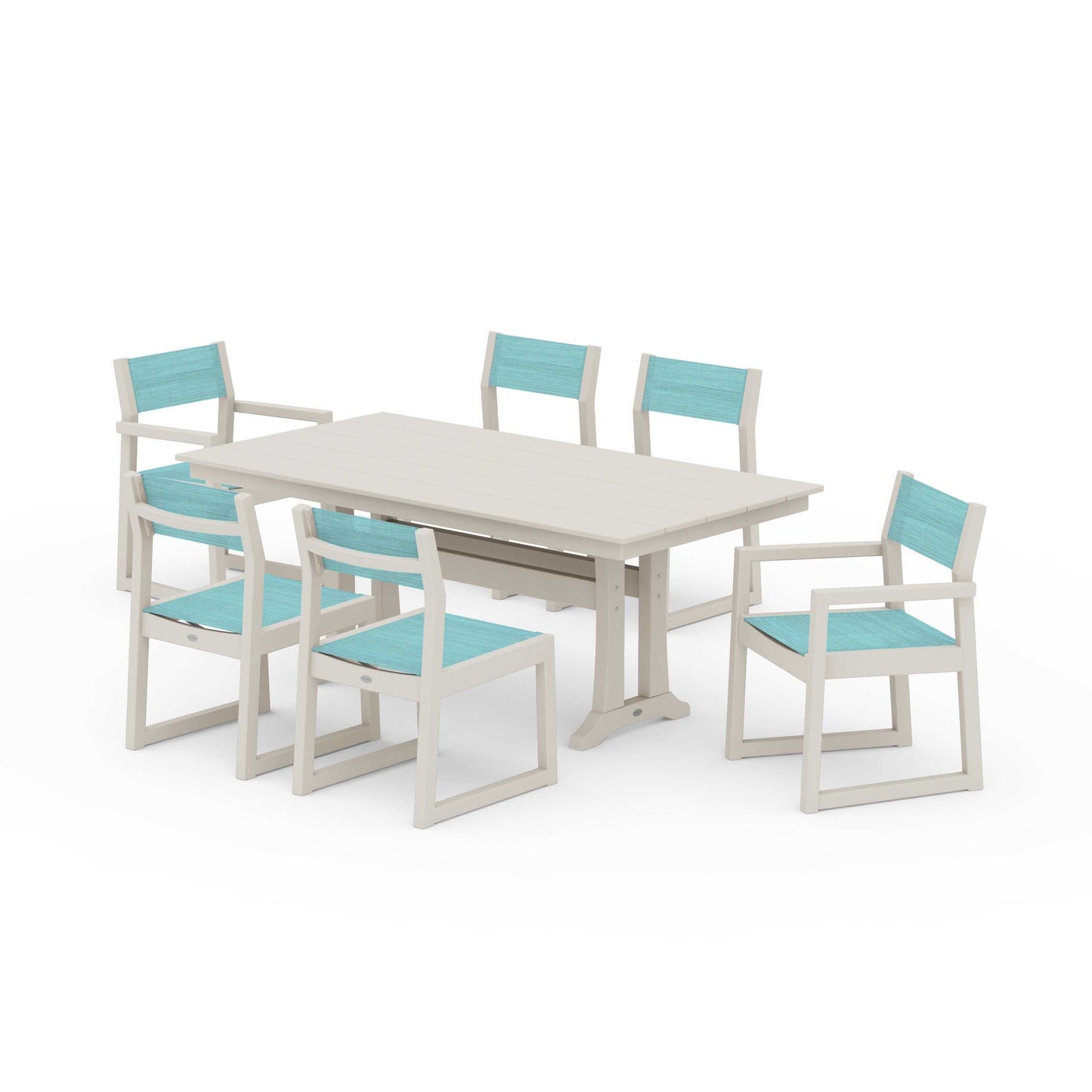 POLYWOOD EDGE Sling 7-Piece Farmhouse Trestle Dining Set — Sand / Dupioni Aquamarine Sling