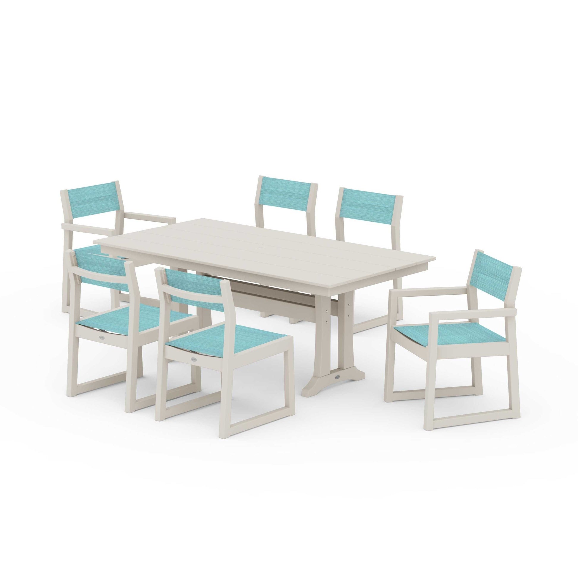 POLYWOOD EDGE Sling 7-Piece Farmhouse Trestle Dining Set — Sand / Dupioni Aquamarine Sling