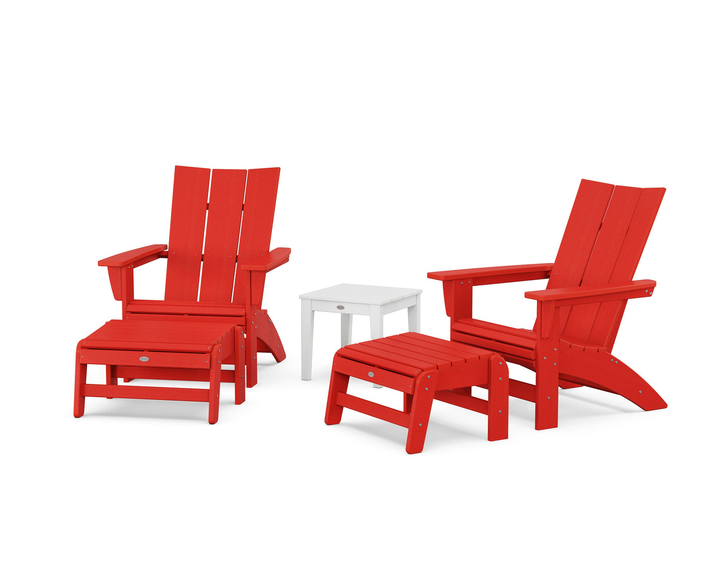 POLYWOOD 5-Piece Modern Grand Adirondack Set with Ottomans and Side Table — Sunset Red / White