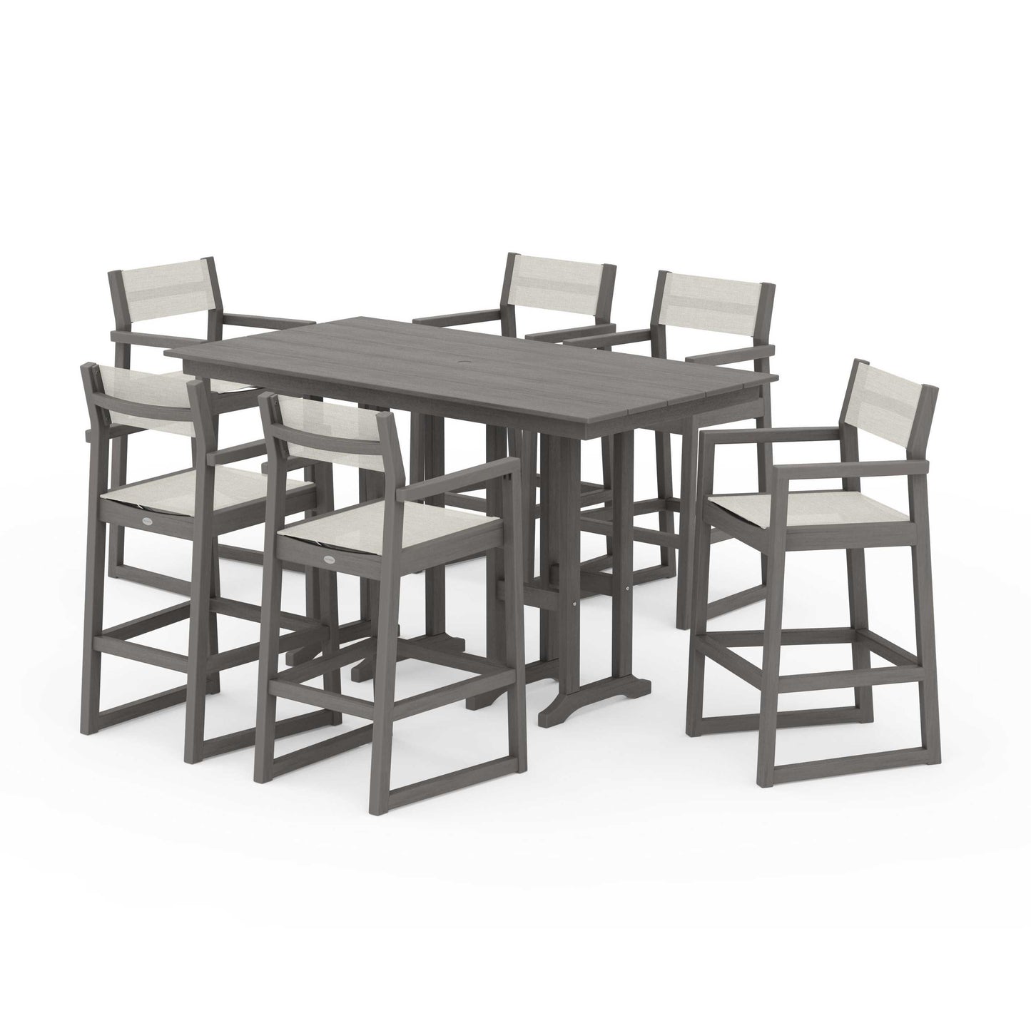 POLYWOOD EDGE Sling Arm Chair 7-Piece Farmhouse Bar Set — Driftwood / Parchment Sling