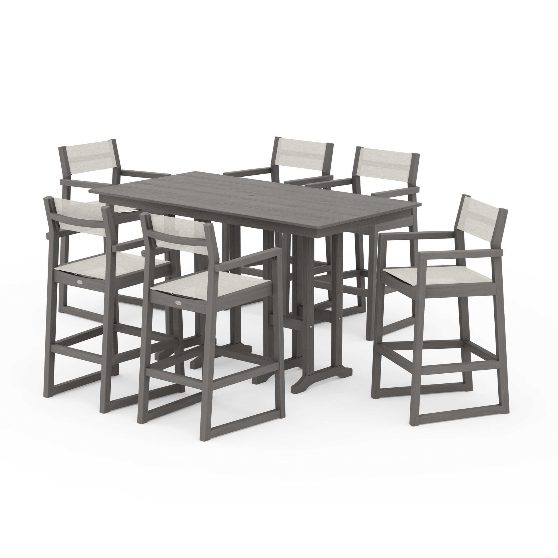 POLYWOOD EDGE Sling Arm Chair 7-Piece Farmhouse Bar Set — Driftwood / Parchment Sling