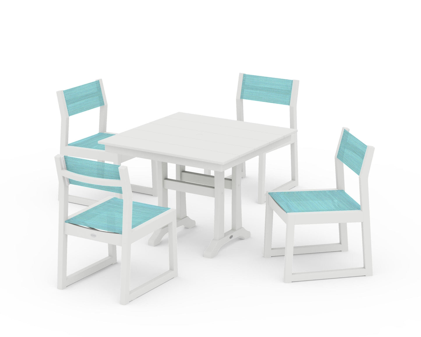 POLYWOOD EDGE Sling 5-Piece Farmhouse Trestle Side Chair Dining Set — Vintage White / Dupioni Aquamarine Sling