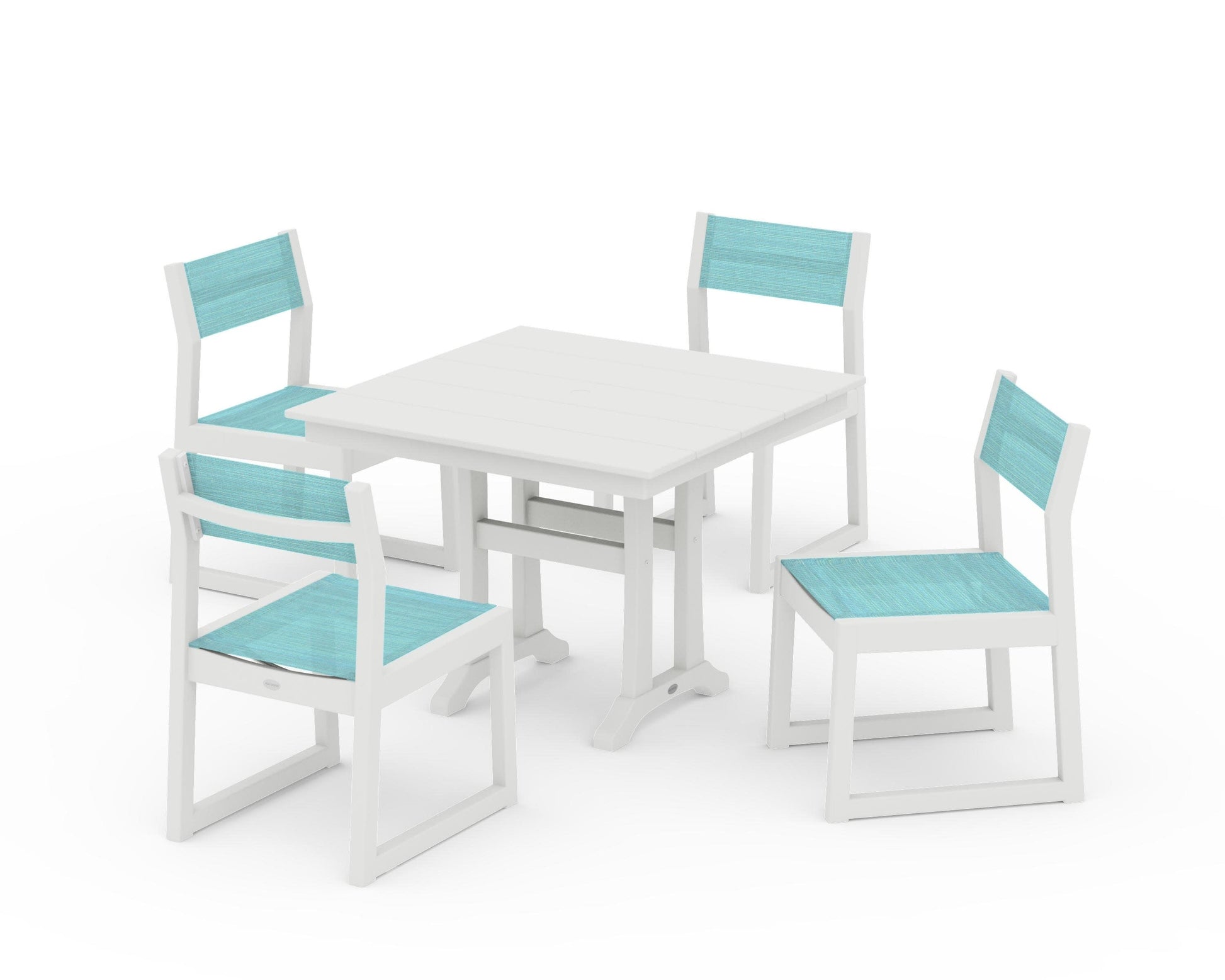 POLYWOOD EDGE Sling 5-Piece Farmhouse Trestle Side Chair Dining Set — Vintage White / Dupioni Aquamarine Sling