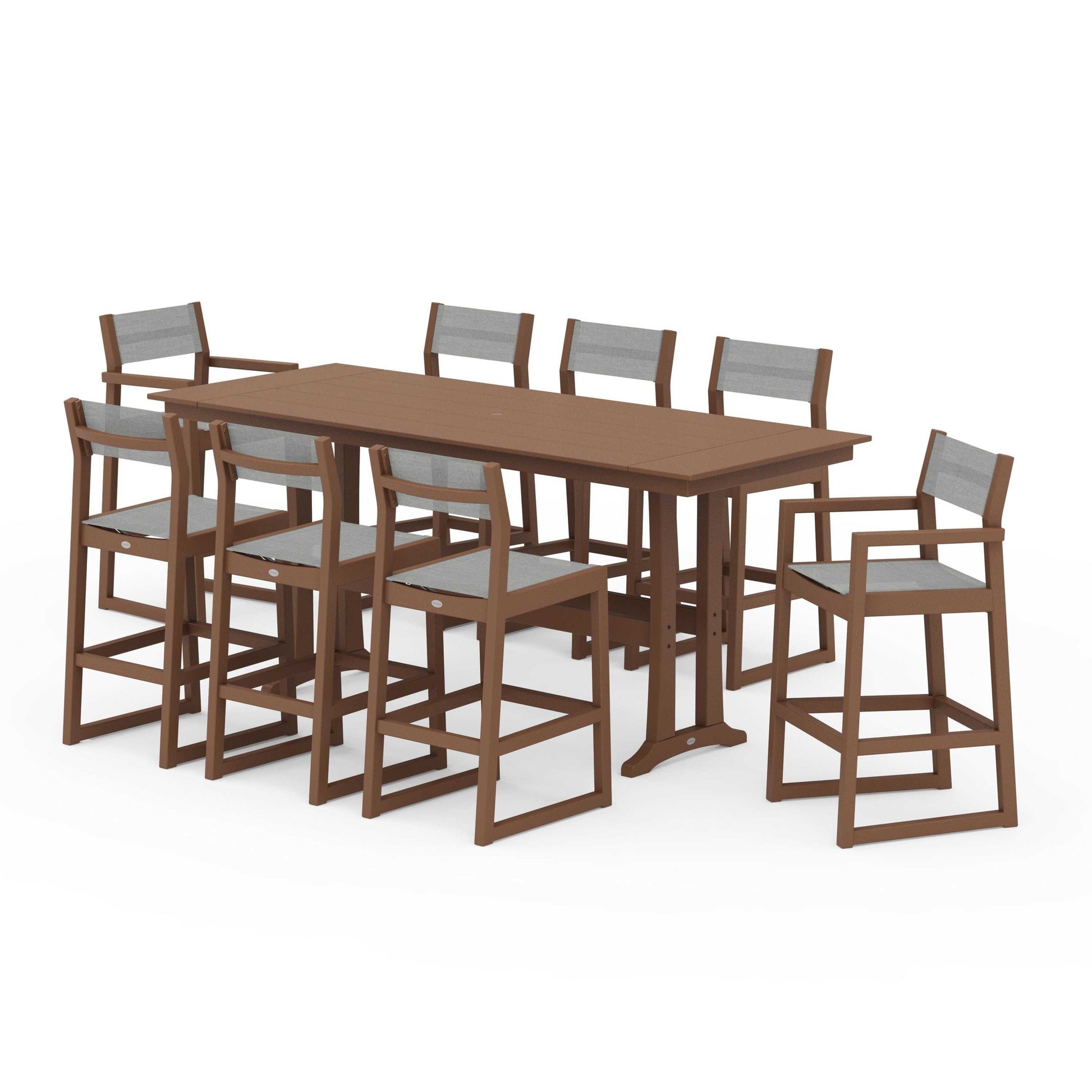 POLYWOOD EDGE Sling 9-Piece Farmhouse Bar Set with Trestle Legs — Teak / Metallic Sling