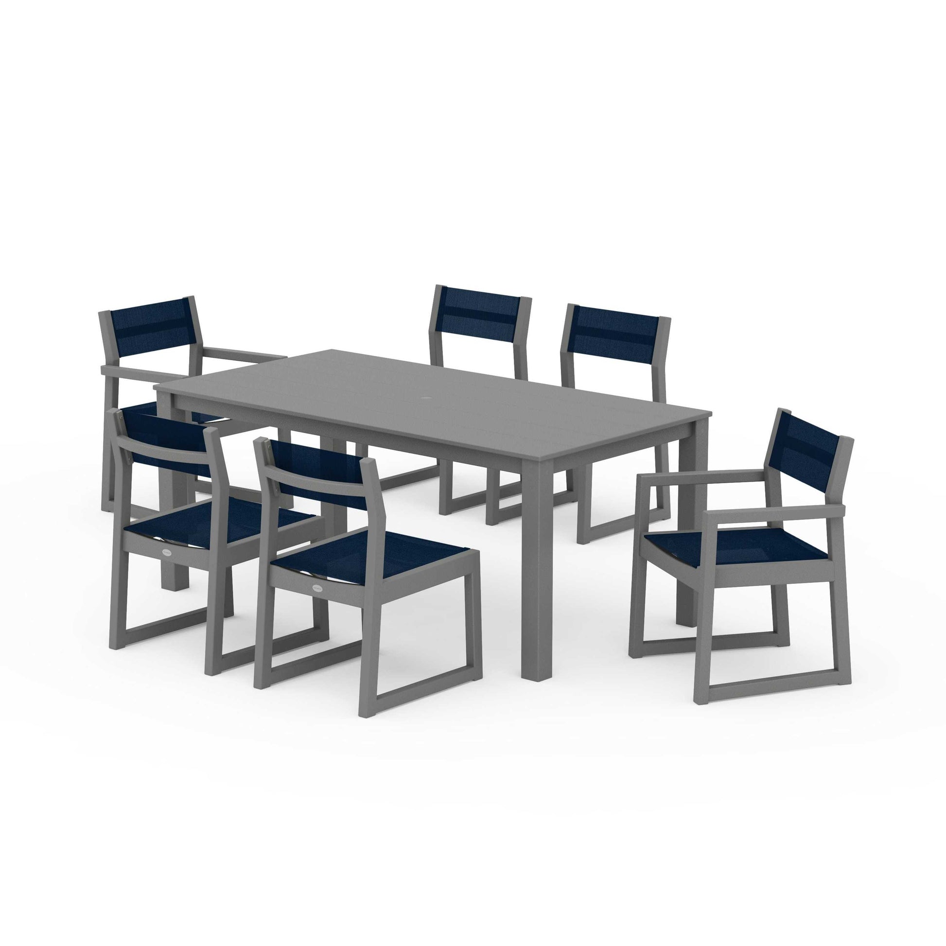 POLYWOOD EDGE Sling 7-Piece Parsons Dining Set — Slate Grey / Navy Blue Sling