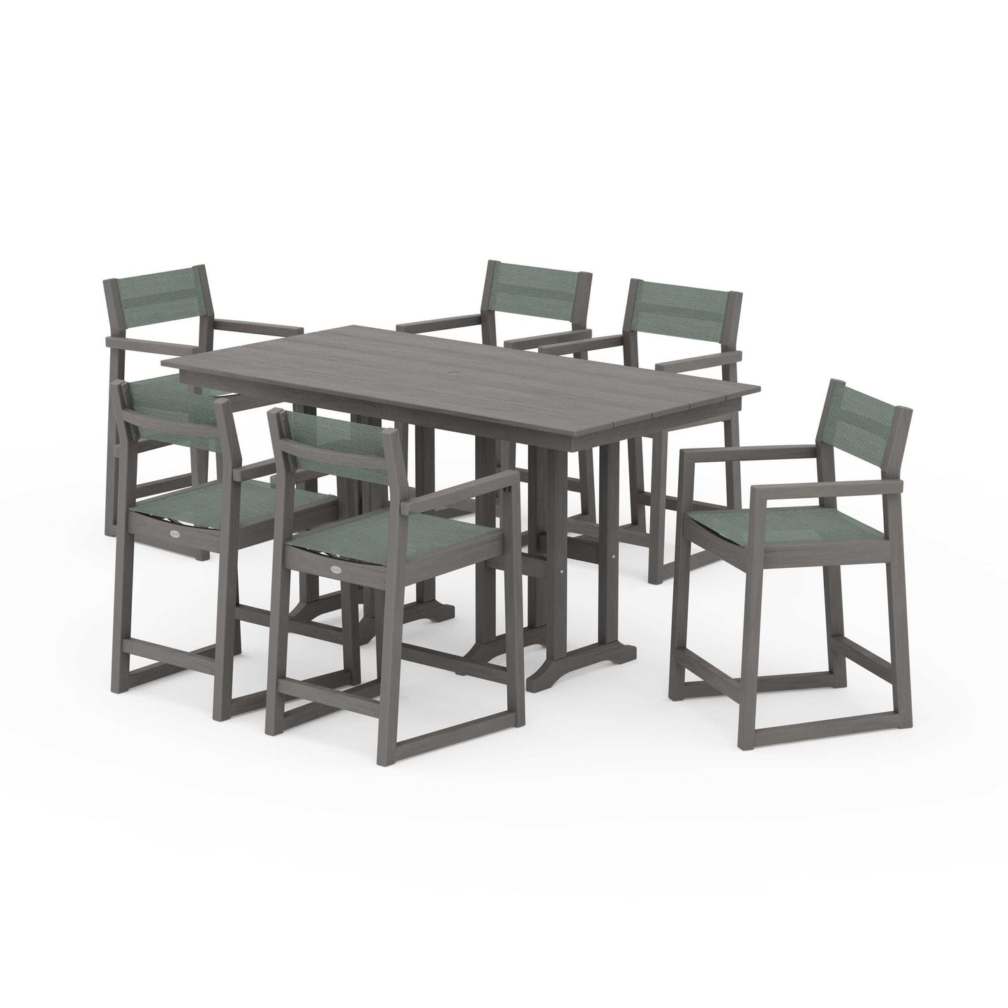 POLYWOOD EDGE Sling Arm Chair 7-Piece Farmhouse Counter Set — Driftwood / Dupioni Sea Mist Sling