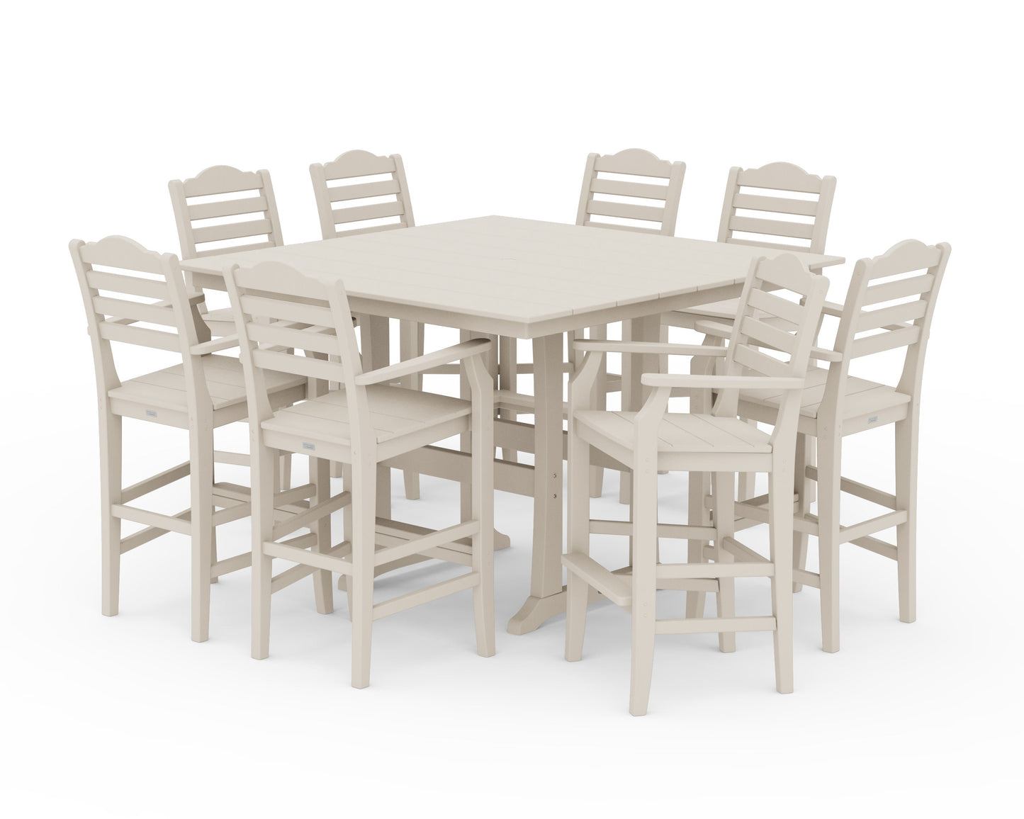 POLYWOOD Savannah 9-Piece Square Farmhouse Bar Set with Trestle Legs — Sand